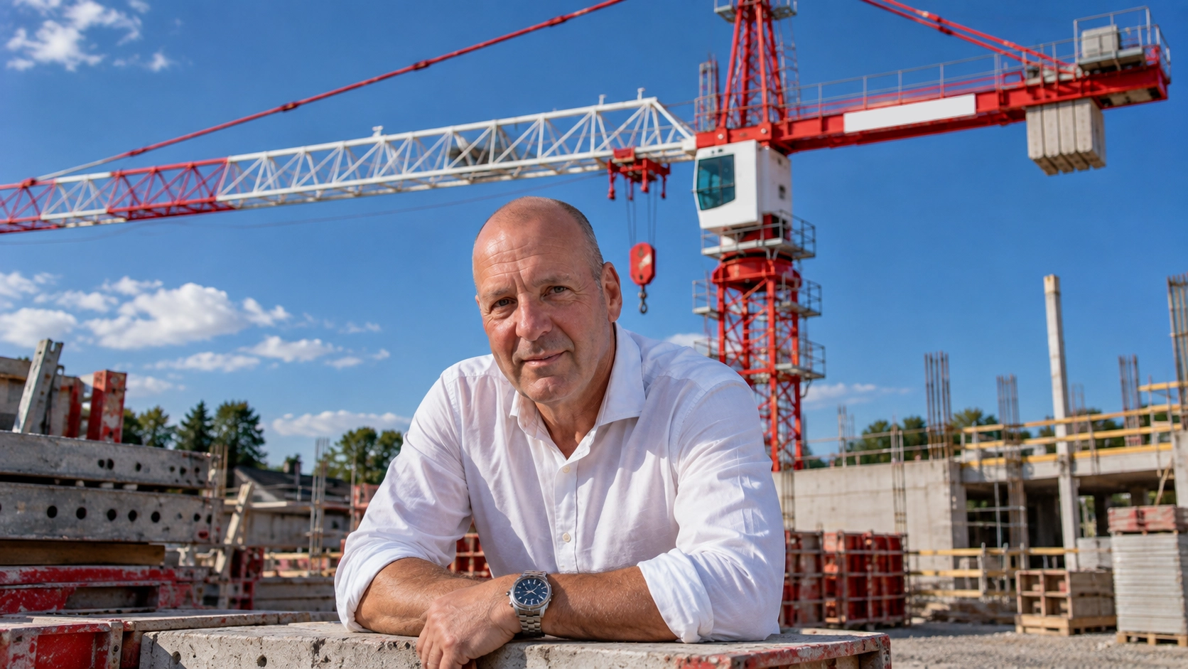 Fangio Reybrouck, founder of FM Cranes, in front of a tower crane